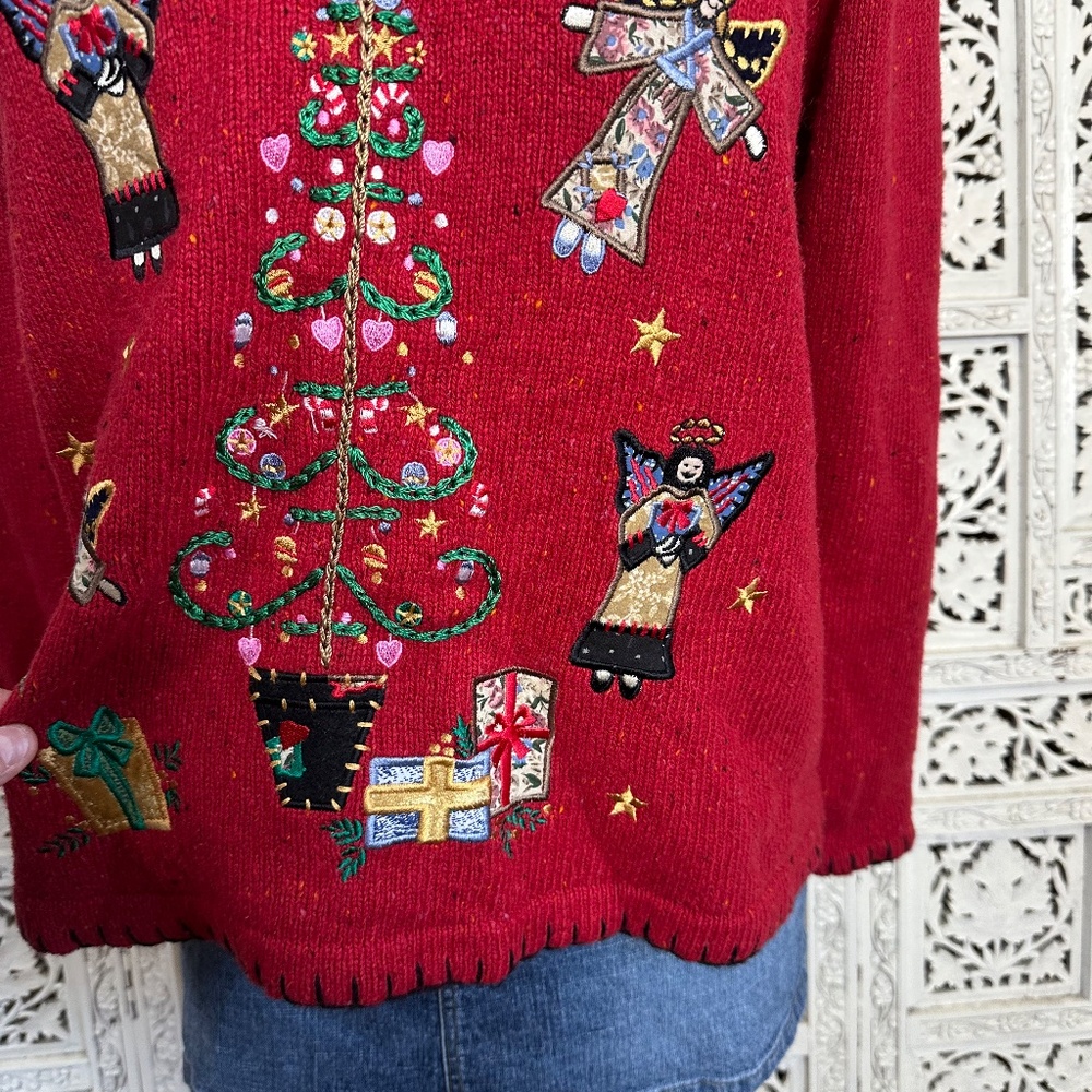 Vtg Victoria Jones Holiday Angel Cherub Christmas Tree Gifts Sweater Sz Petite S View 2